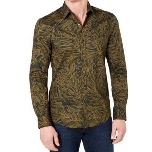 Michael Kors Peformance Stretch Shirt Green Floral Long Sleeve Button MENS M - Picture 2 of 8